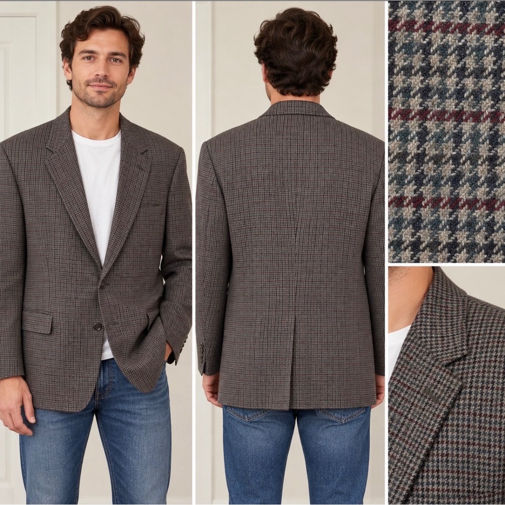 Chaps Ralph Lauren Mens 46S Lambswool Houndstooth Blazer Sport Coat Brown
